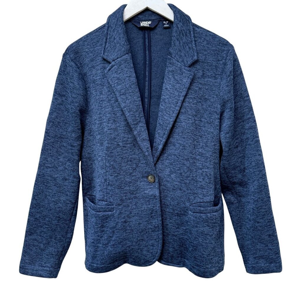 Lands End Fleece Blazer Womens XL Blue Knit Jacket Casual Preppy Classic
